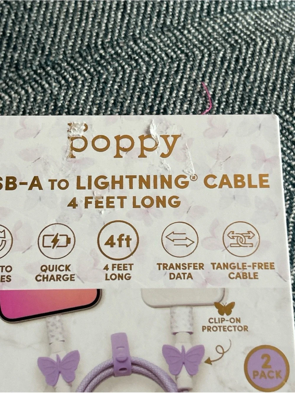 Poppy Clip & Protect USB-A to Lightning Cable – Lavender Butterfly
